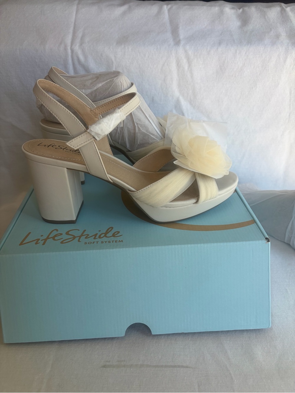 Life Stride Ivory Floral Platform Block Heel Sandals